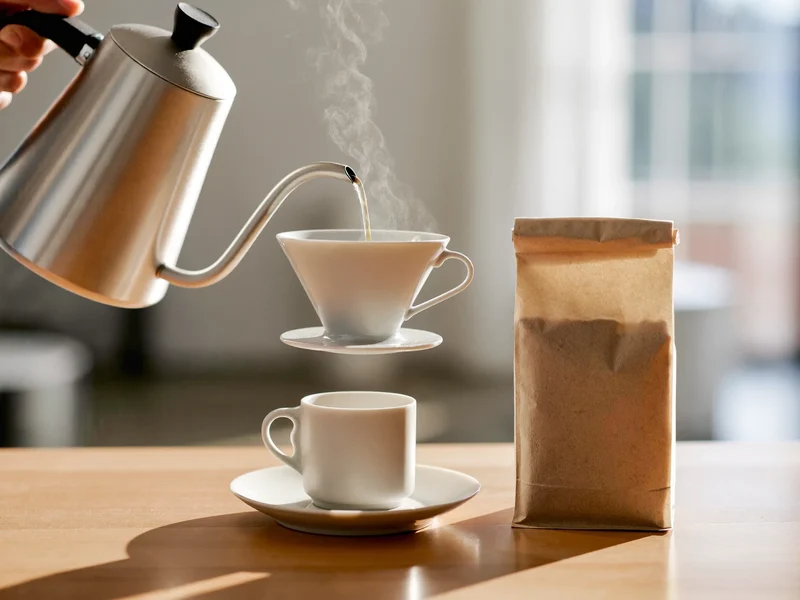 Illustration: Handfilter-Zubereitung mit Gänsehalskessel und gemahlenem Kaffee