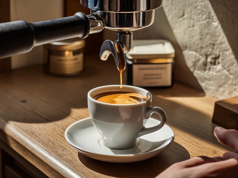 Illustration: Espresso läuft aus dem Siebträger in eine kleine Tasse