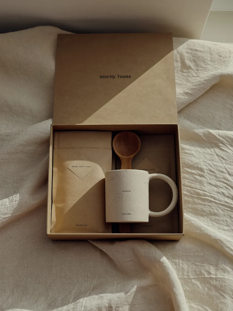 Illustration: Geschenkbox mit drei Kraftbeuteln, Tasse und Holzlöffel auf Leinen
